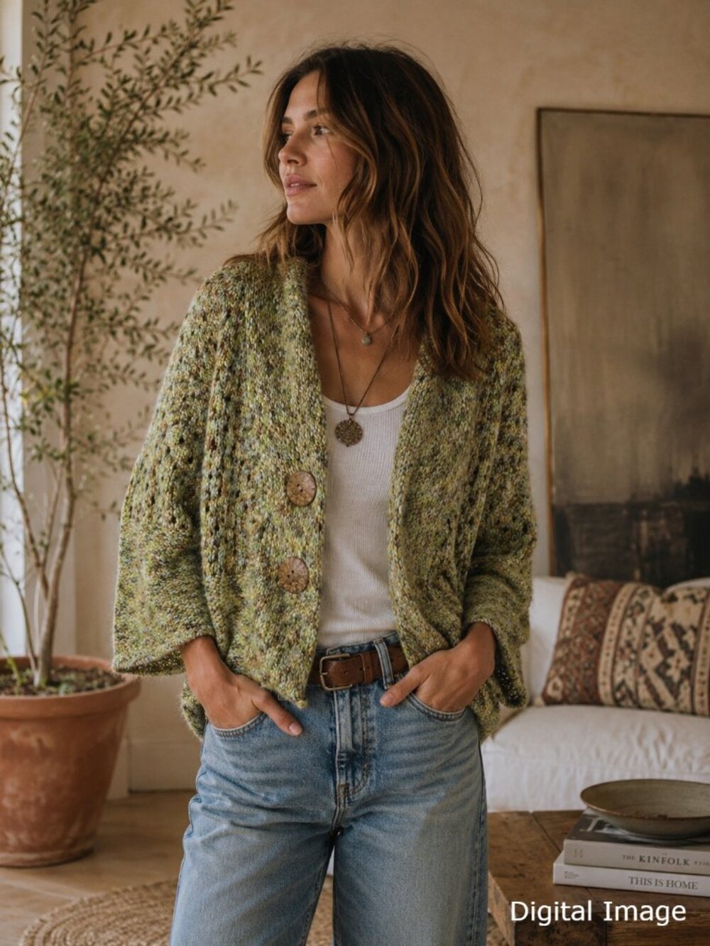 PBJ Sport VTG Cardigan Sweater Small Chunky Wool Blend Green V Neck 3/4 Sleeve